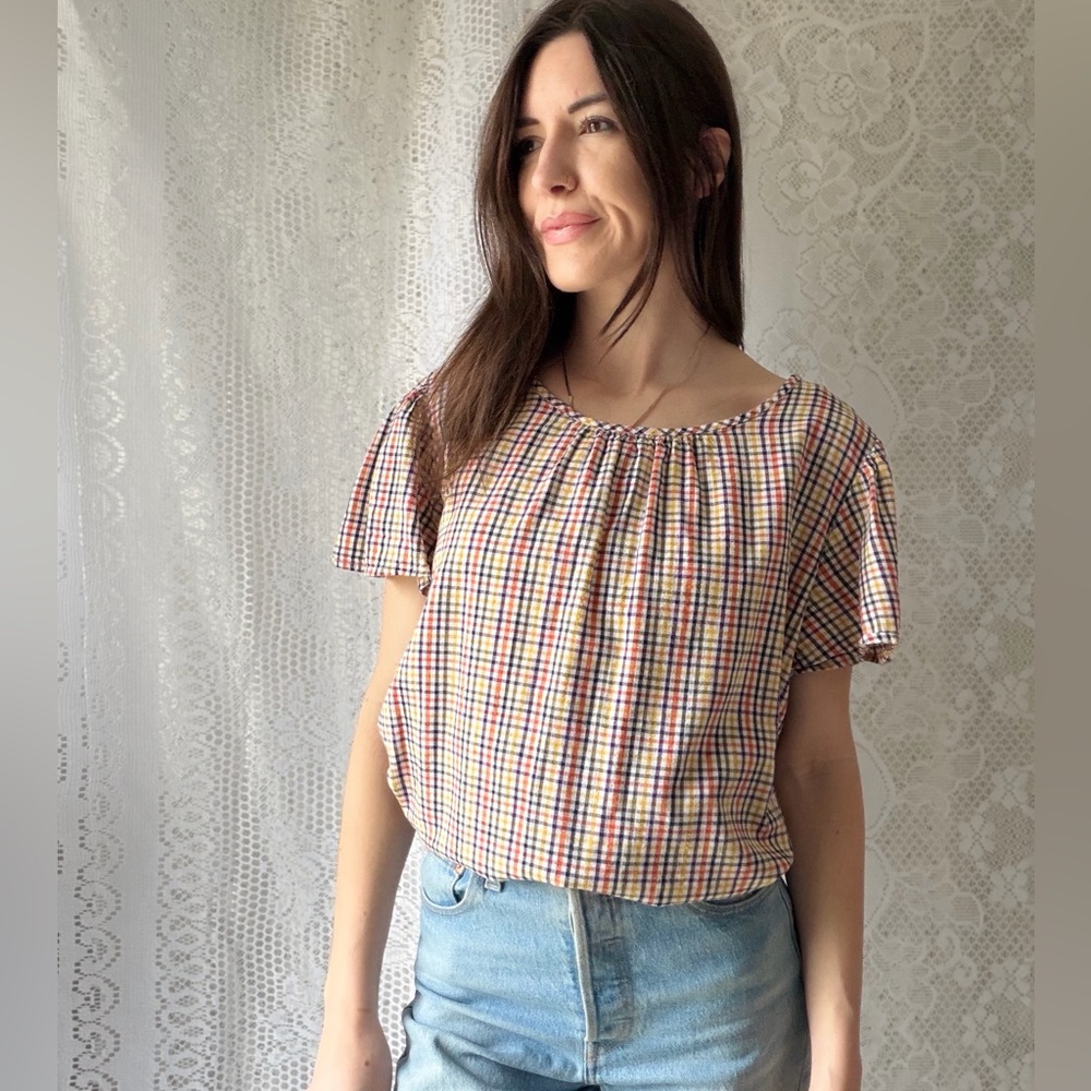 Multicolor Plaid Blouse St Johns Bay Cotton Rayon Puff Sleeve